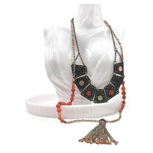 Boho Set Antique Brass Bib Necklace Geometric Beaded Tassel Statement Chain
